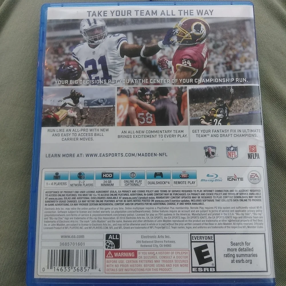 PS4 Play Station 4 EA Sports Madden 17 NFL Football NFLPA Video Game Gamer